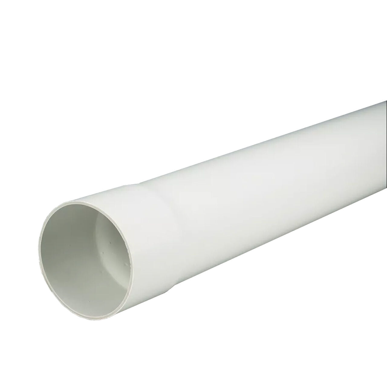 The Go Build 4 in. x 10 ft. PVC Solid Sewer Pipe is shown angled with the open end facing forward, photographed on a white background—ideal for leaching system piping or sewer and landscape drainage applications.